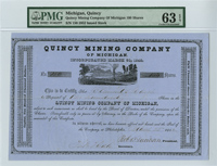 Quincy Mining Co. - 1852 dated Michigan Mining Stock Certificate - PMG 63 EPQ Graded